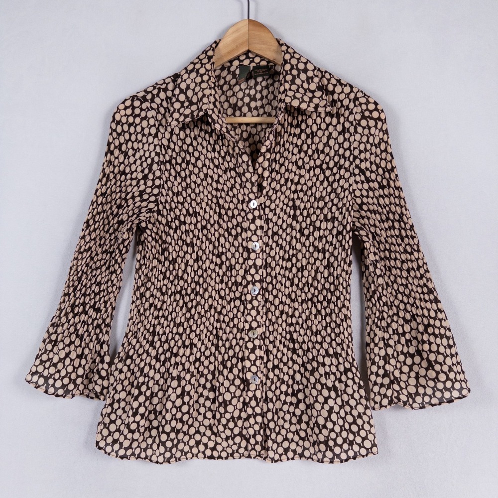 Serenade New York Shirt Women Small Brown Geometric Plisse Bell Sleeve Top Retro